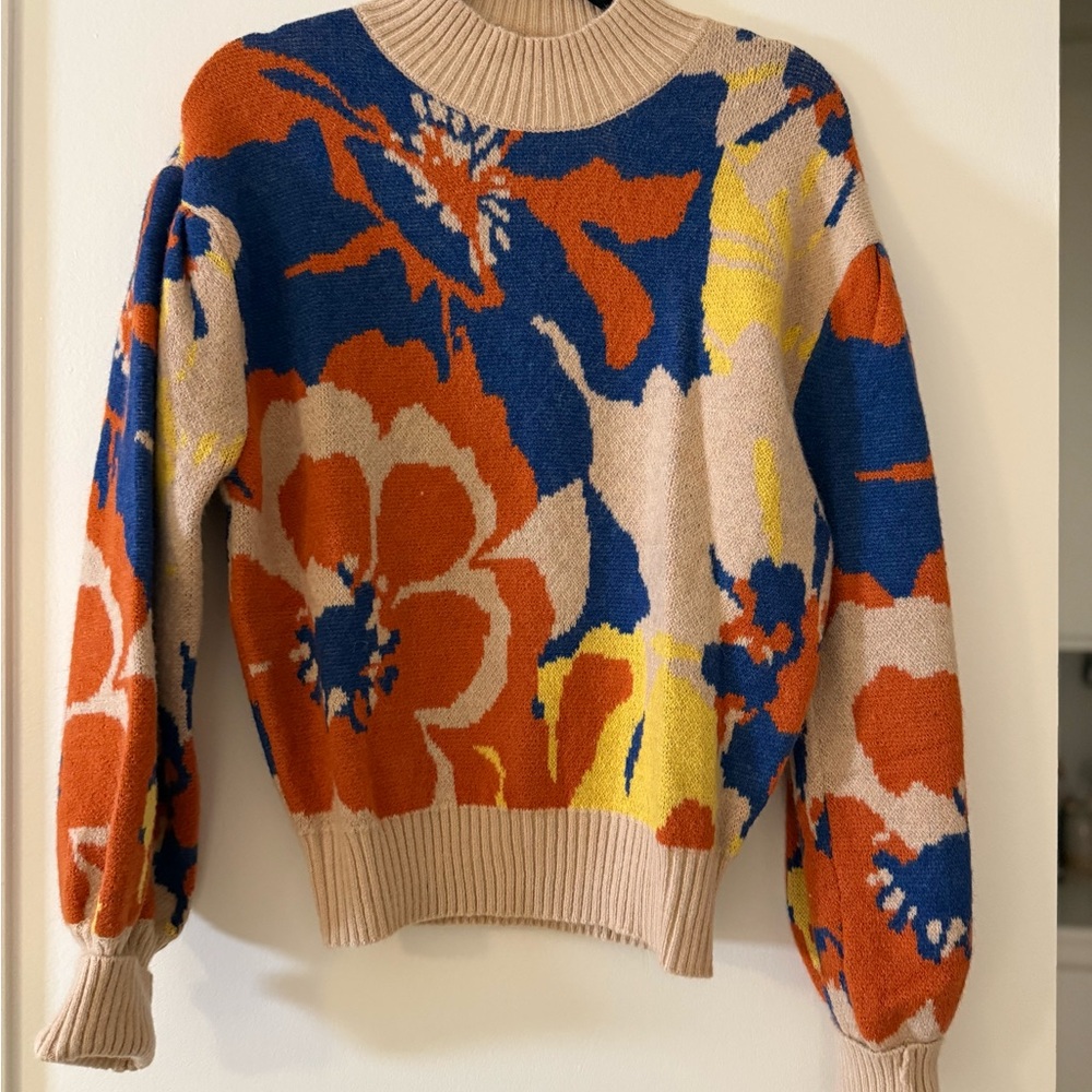 Flying Tomato Floral Crew Neck Sweater - Orange, Blue, Yellow